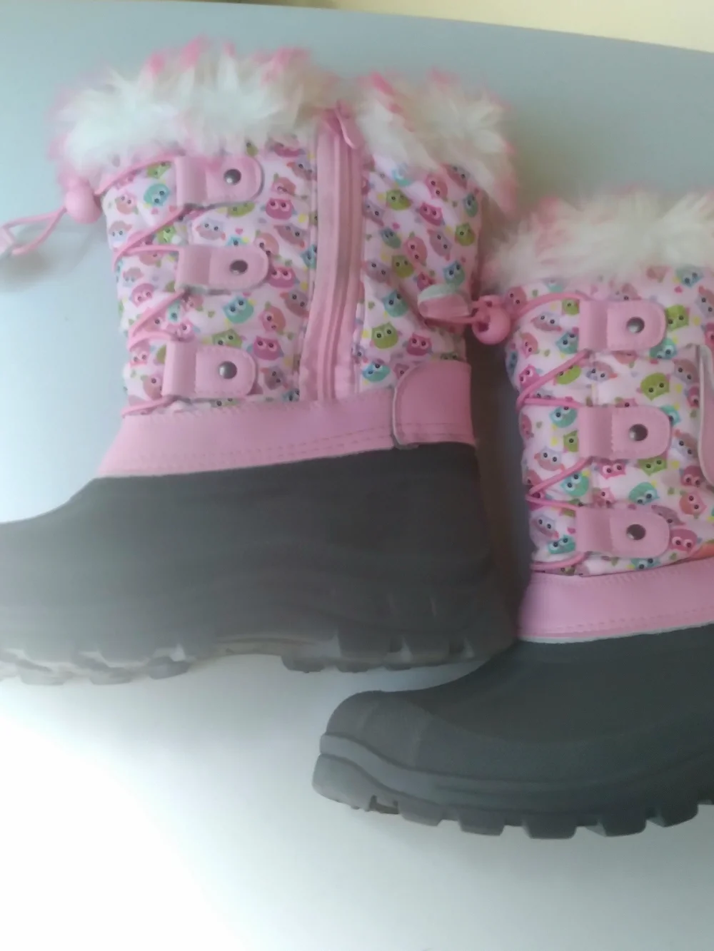 3M Thinsulate Pink Owl Kids WinterSnow Rain Boots with Faux Fur Trim